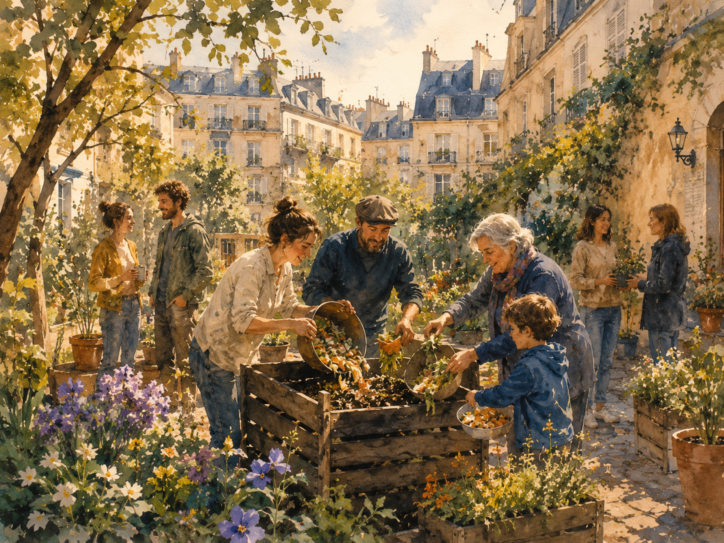 Illustration aquarelle d'habitants d'un immeuble parisien réunis autour d'un bac à compost dans une cour intérieure verdoyante, pelures de légumes et restes alimentaires déposés, plantes et fleurs autour, lumière de midi, scène de quartier vivante