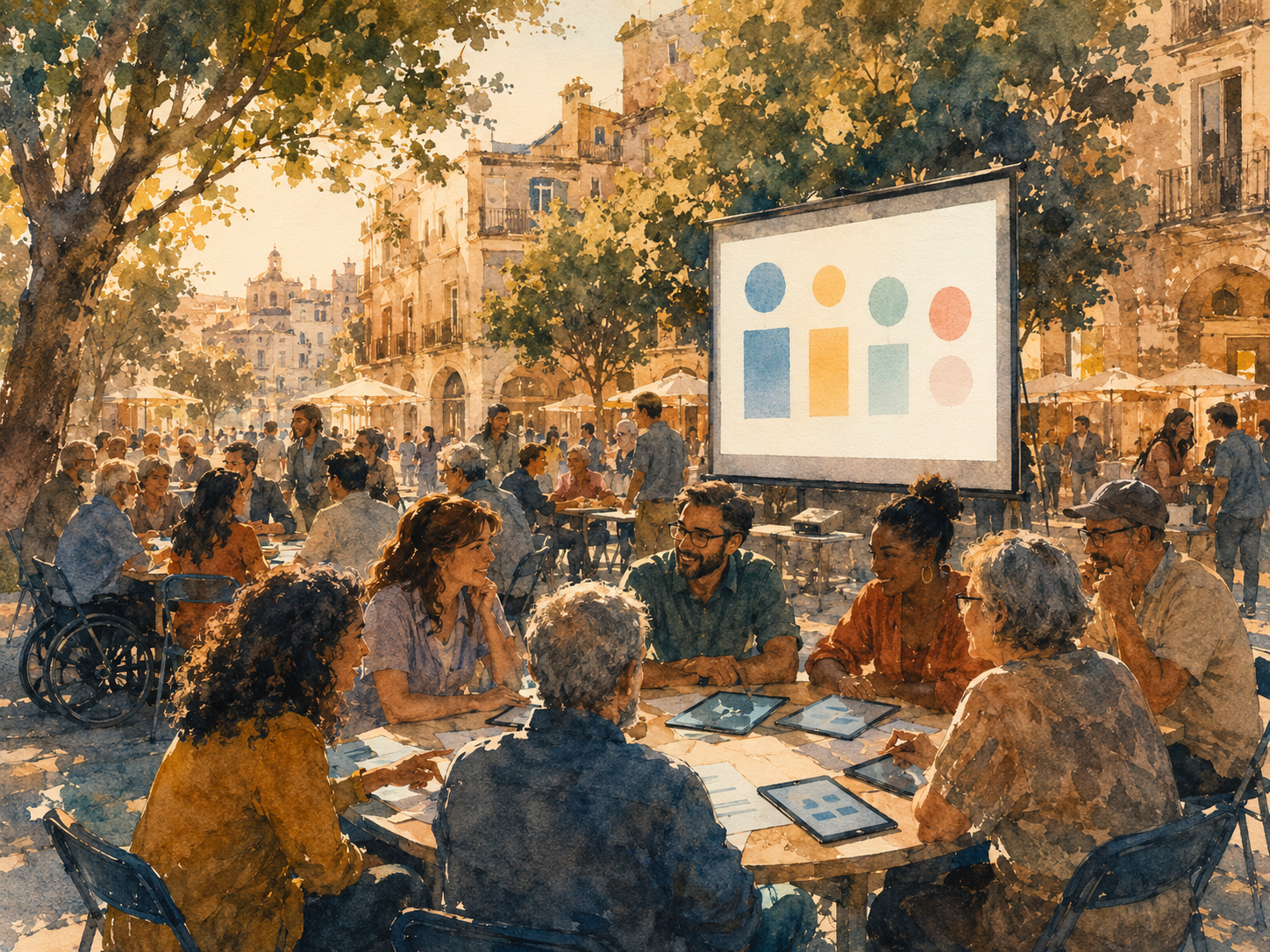 Illustration aquarelle d'une réunion participative dans un espace public d'architecture barcelonaise, groupe de citoyens européens autour de tablettes et d'un écran de vote collectif, lumière dorée d'après-midi, discussion animée et ouverte