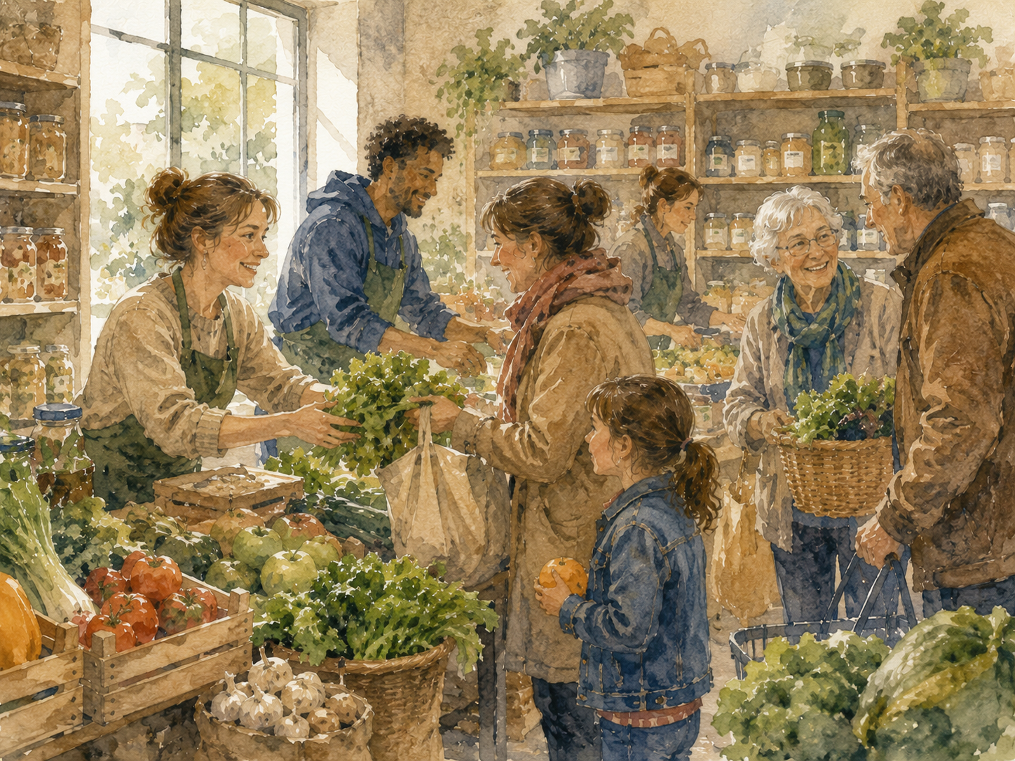 Illustration aquarelle d'une épicerie de quartier lumineuse avec des bénévoles aidant des familles à choisir des légumes frais dans un espace organisé et chaleureux, palette ambrée et verte