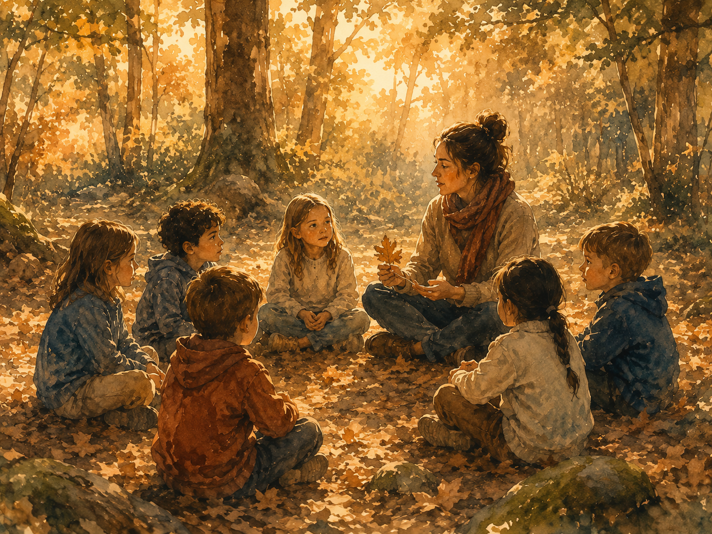 Illustration aquarelle d'enfants de 6-8 ans assis en cercle dans une clairière forestière avec une enseignante, feuilles automnales au sol, lumière filtrée entre les arbres, ambiance calme et curieuse