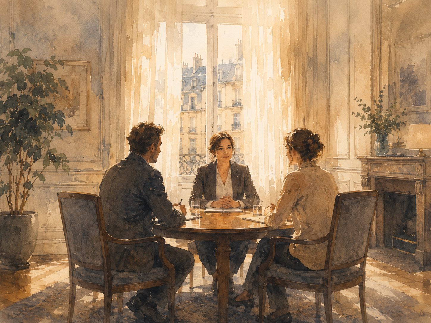 Illustration aquarelle d'une salle de médiation dans un palais de justice européen, deux personnes assises face à face avec un médiateur, lumière de fin d'après-midi à travers des rideaux fins, postures ouvertes et écoute attentive, tons chauds et apaisés