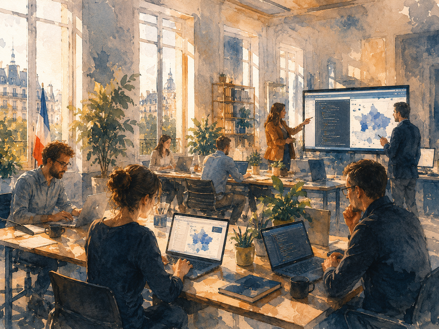 Illustration aquarelle d'un bureau administratif français moderne et lumineux, agents publics travaillant sur des ordinateurs portables avec des interfaces numériques ouvertes, plantes vertes, partage d'écran en réunion, lumière naturelle, atmosphère collaborative et sérieuse