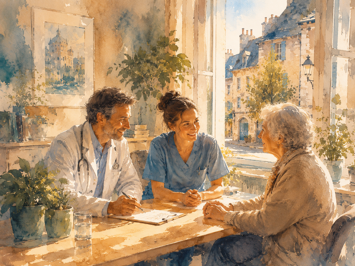 Illustration aquarelle d'une maison de santé française lumineuse, médecin et infirmière en consultation avec un patient âgé, plantes vertes et fenêtre ouverte sur une rue de bourg, atmosphère chaleureuse et collaborative