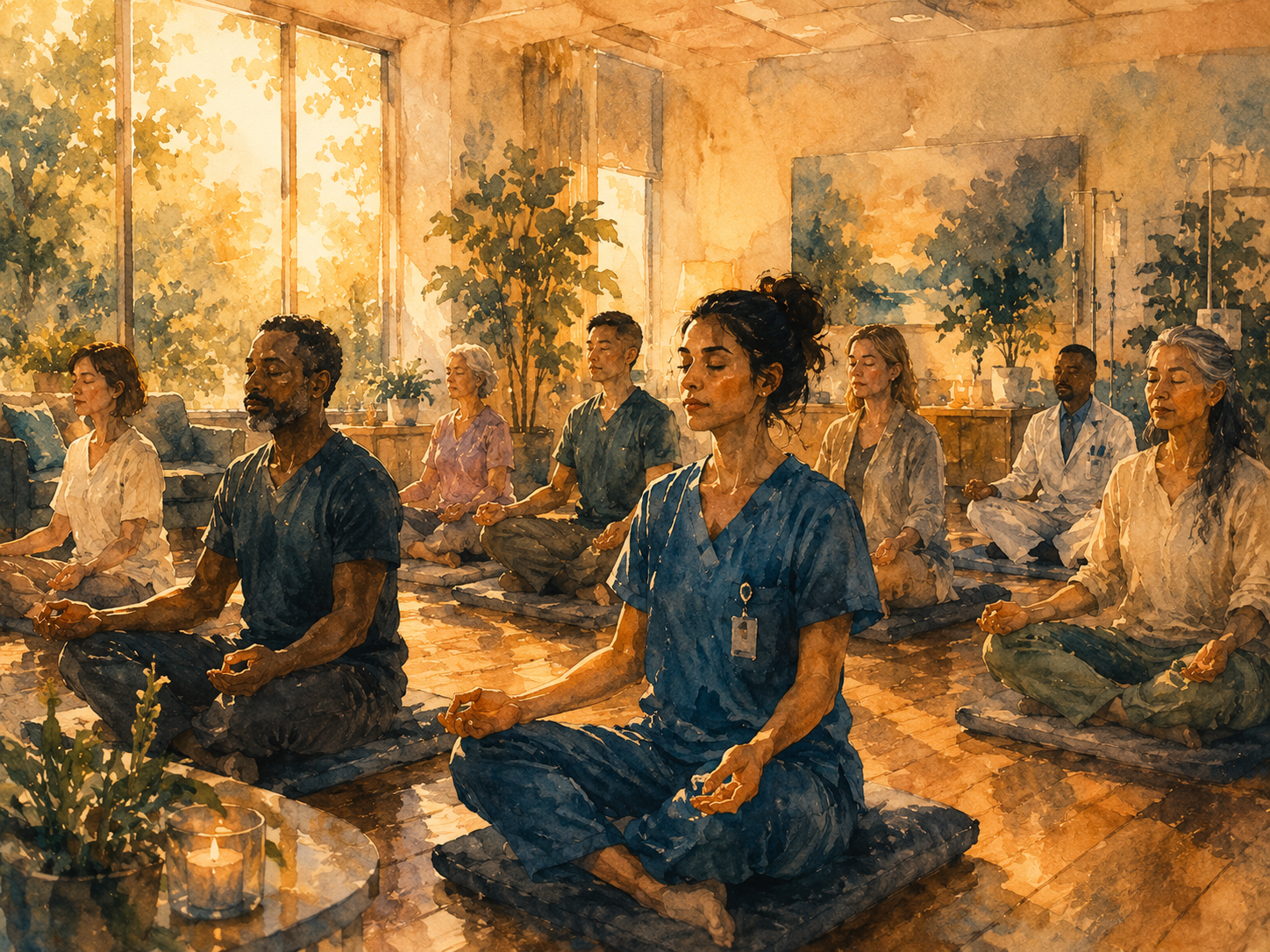 Illustration aquarelle d'un groupe pratiquant la méditation assise dans une salle lumineuse d'hôpital, coussins sur un parquet en bois, lumière naturelle par de grandes fenêtres, visages sereins et concentrés, palette ambre et teal