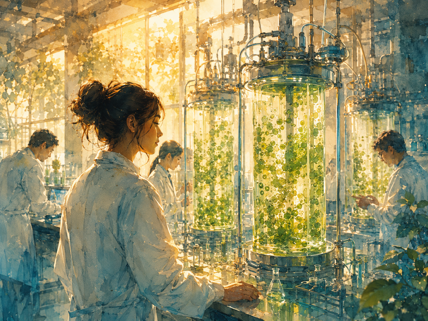 Illustration aquarelle de photobioréacteurs cylindriques remplis d'une eau verte lumineuse dans un laboratoire côtier, chercheurs en blouse blanche, lumière naturelle filtrée, tonalités teal et ambrées