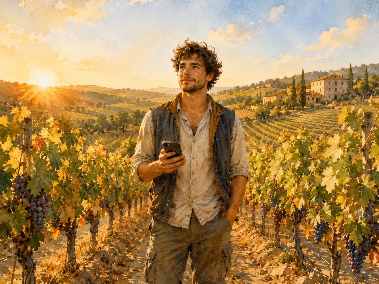 Illustration aquarelle d'un jeune agriculteur devant des rangs de vigne en Languedoc, téléphone dans une main, soleil couchant, palette viticole ambrée et dorée, atmosphère enthousiaste et tournée vers l'avenir