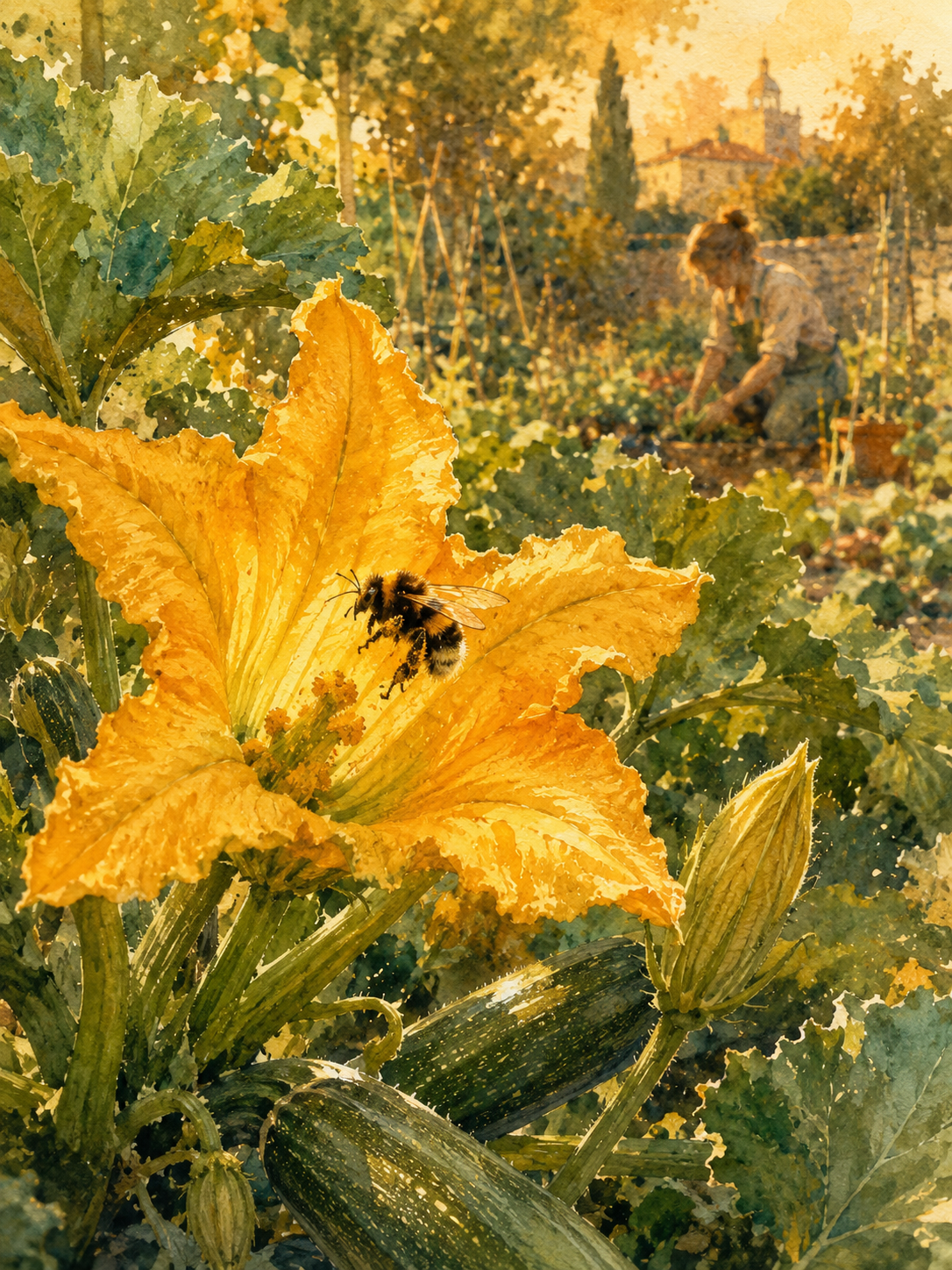 Illustration aquarelle d'un bourdon atterrissant sur une fleur de courgette dans un jardin potager européen, lumière estivale vive, feuillage vert tendre, palette naturelle et chaude