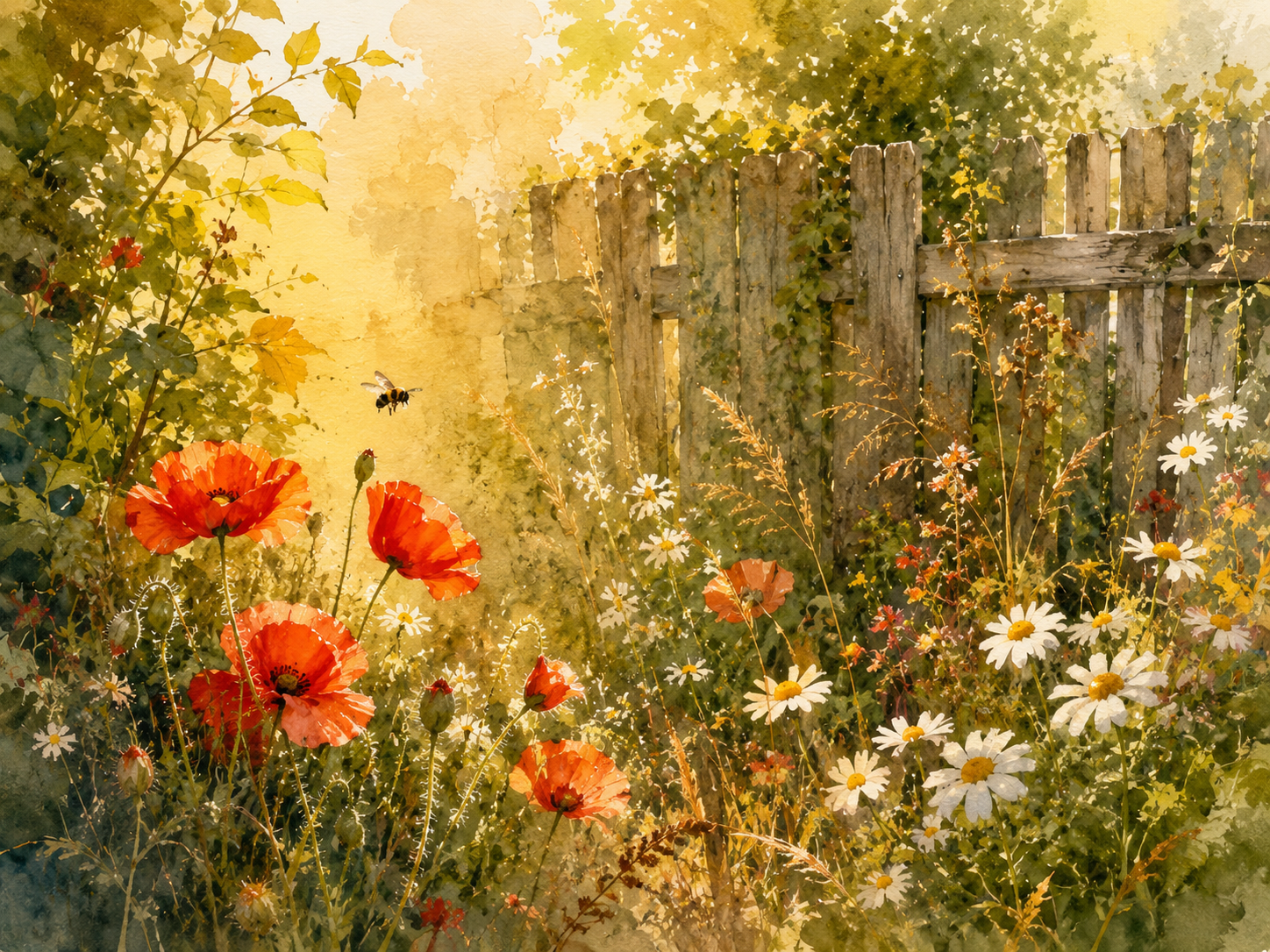 Illustration aquarelle d'un jardin de ville avec une pelouse libre, coquelicots et marguerites en fleurs, abeilles et papillons, clôture en bois en arrière-plan, lumière dorée d'après-midi