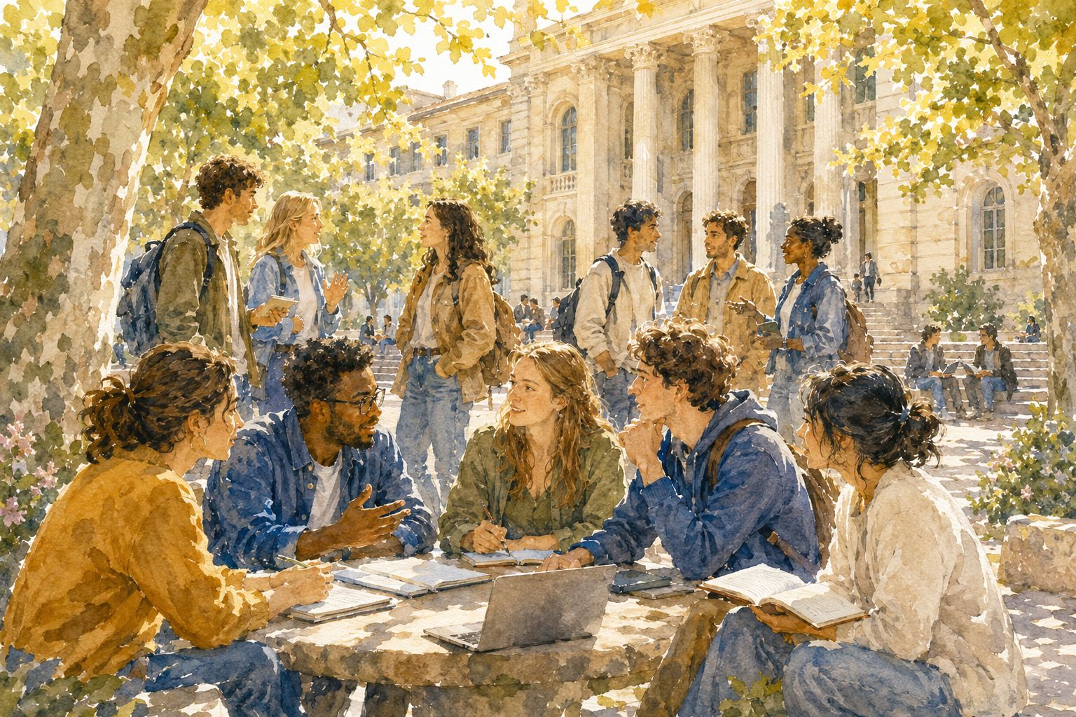 Illustration aquarelle d'un groupe d'étudiants debout devant une grande école française, regard déterminé, atmosphère printanière et lumière grise, quelques pancartes discrètes