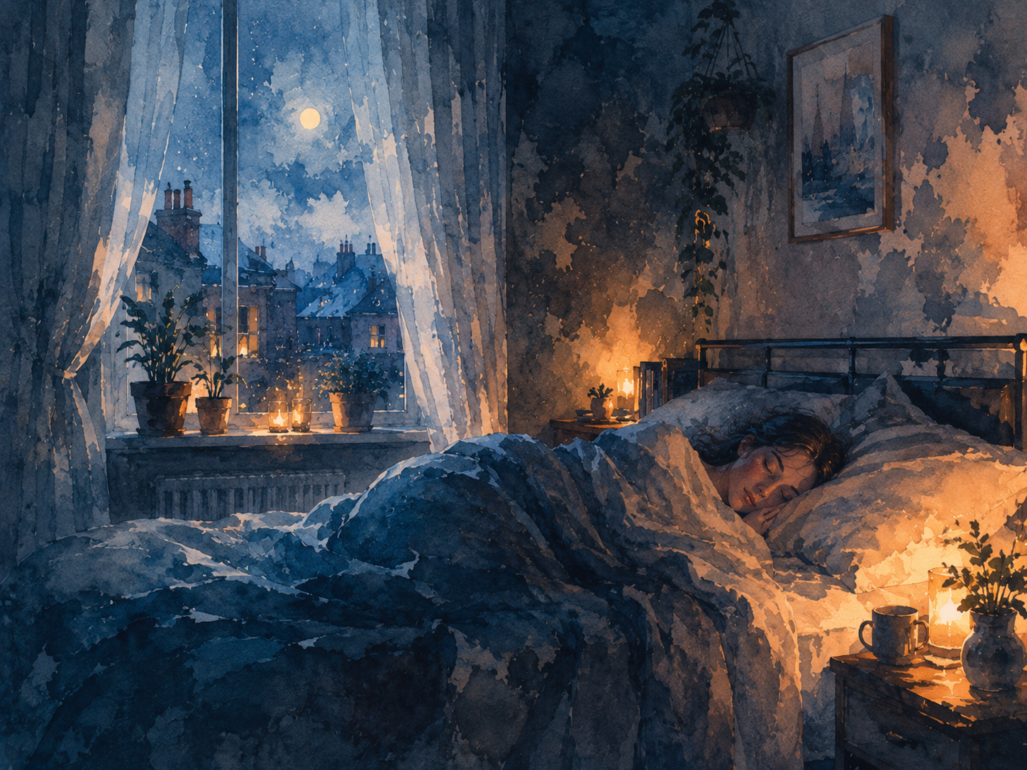 Illustration aquarelle d'une personne endormie dans une chambre européenne paisible, clair de lune à travers des rideaux légers, palette bleu-nuit et ambre doux, plantes vertes sur le rebord de fenêtre, atmosphère calme et protégée