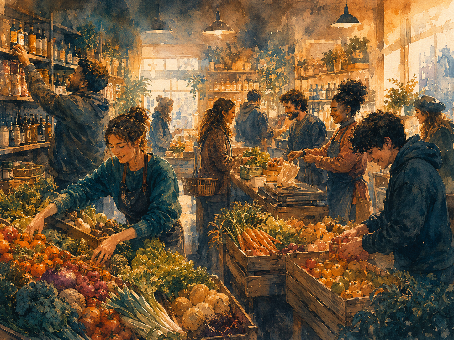 Illustration aquarelle d'un supermarché coopératif français animé, membres jeunes et diversifiés réapprovisionnant les rayons de produits bio et locaux, lumière ambrée chaude, ambiance de quartier vivante et solidaire, légumes colorés au premier plan
