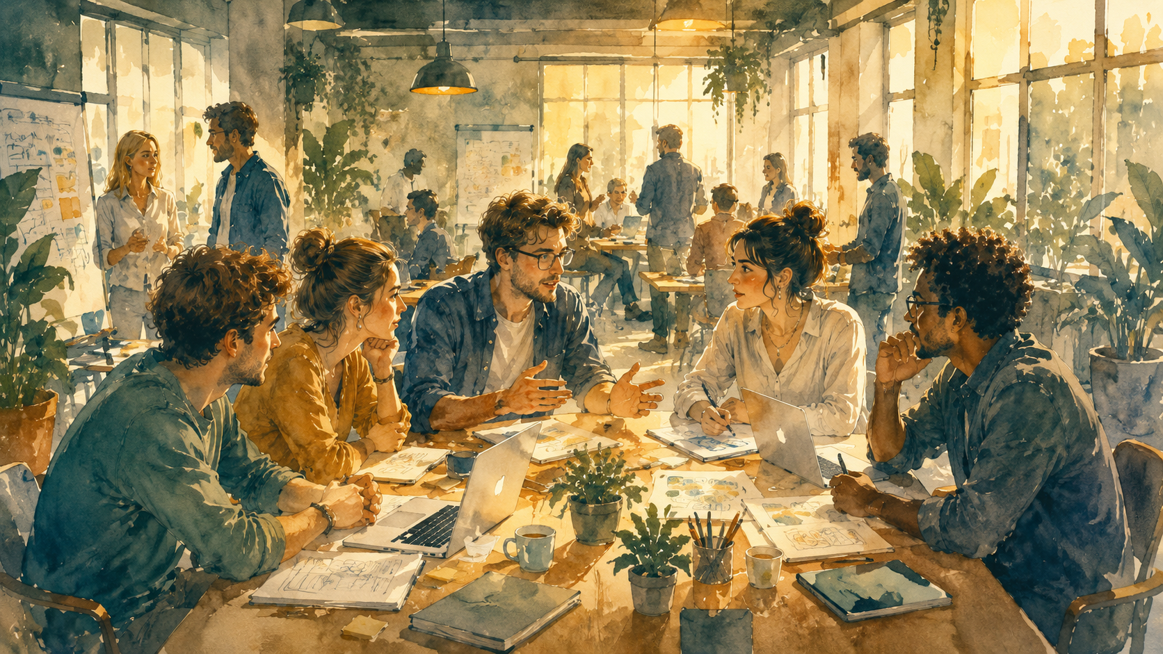 Illustration aquarelle d'une salle de coworking lumineuse avec de jeunes entrepreneurs autour de tables rondes, plantes vertes, post-its colorés, ambiance collaborative et optimiste