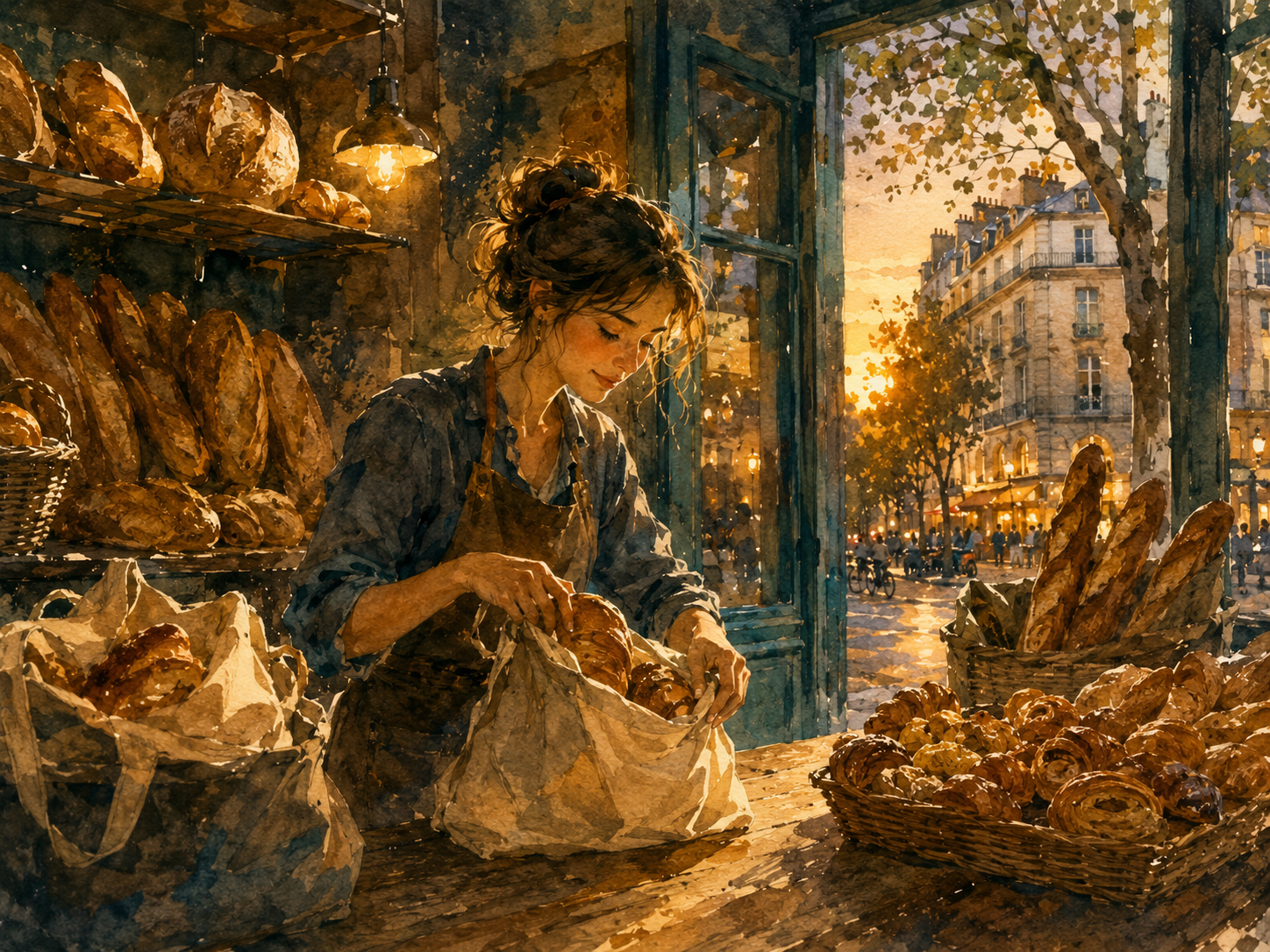 Illustration aquarelle d'une jeune femme dans une boulangerie française en fin de journée, préparant un sac surprise avec des pains et viennoiseries invendus, lumière chaude du soir, sourires, palette ambre et teal