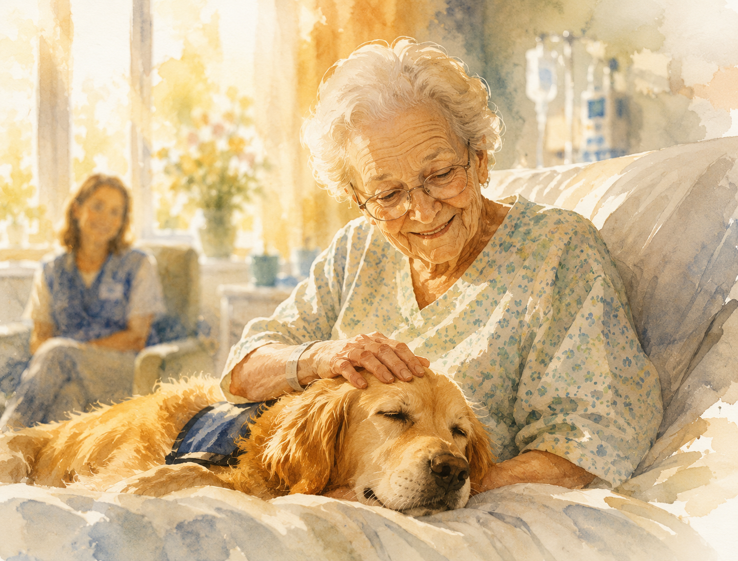 Illustration aquarelle d'une personne âgée dans une chambre d'hôpital lumineuse caressant un chien calme posé sur ses genoux, bénévole en arrière-plan, lumière douce, palette chaude et rassurante